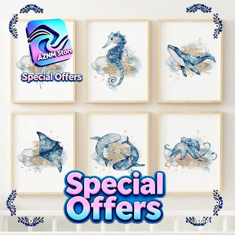 Baby Nursery Art - Jellyfish Seahorse Whale Shark Octopus Nordic