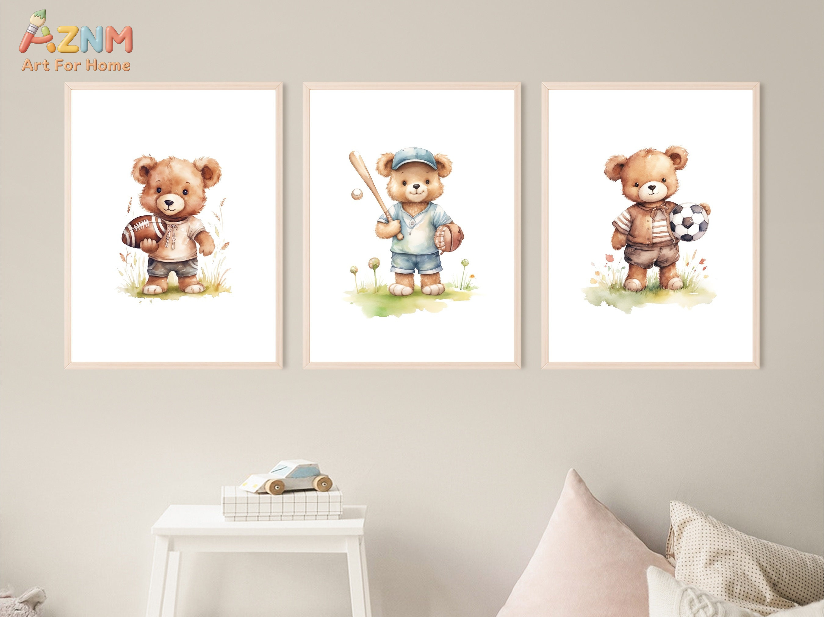 Baby Nursery Art - AZNM Watercolor Sport Teddy Bear Canvas