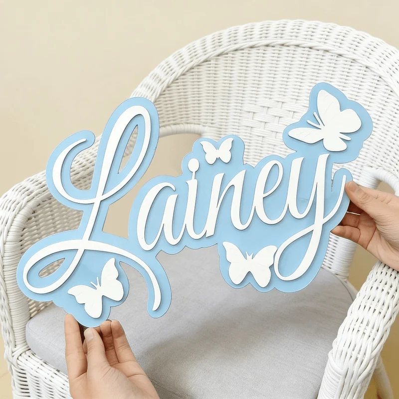 Baby Nursery Art - Blue Baby Name Sign with White