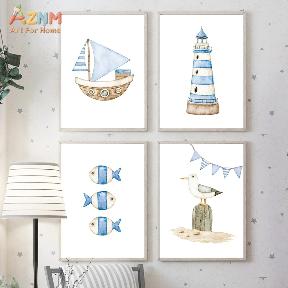 Baby Nursery Art - Sailboat Lighthouse Fish Nautical Nursery Posters