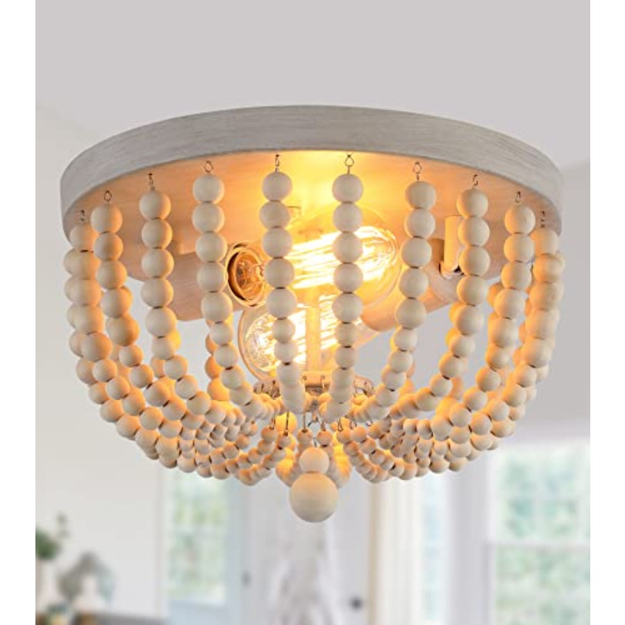 Baby Nursery Light Fixture - Boho Chandelier Wood Beaded Flush Mount