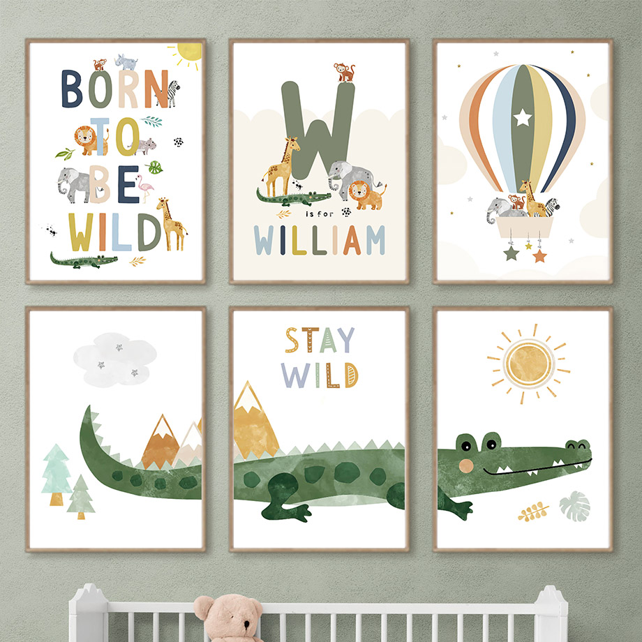 Baby Nursery Art - Crocodile Balloon Lion Elephant Giraffe Nordic