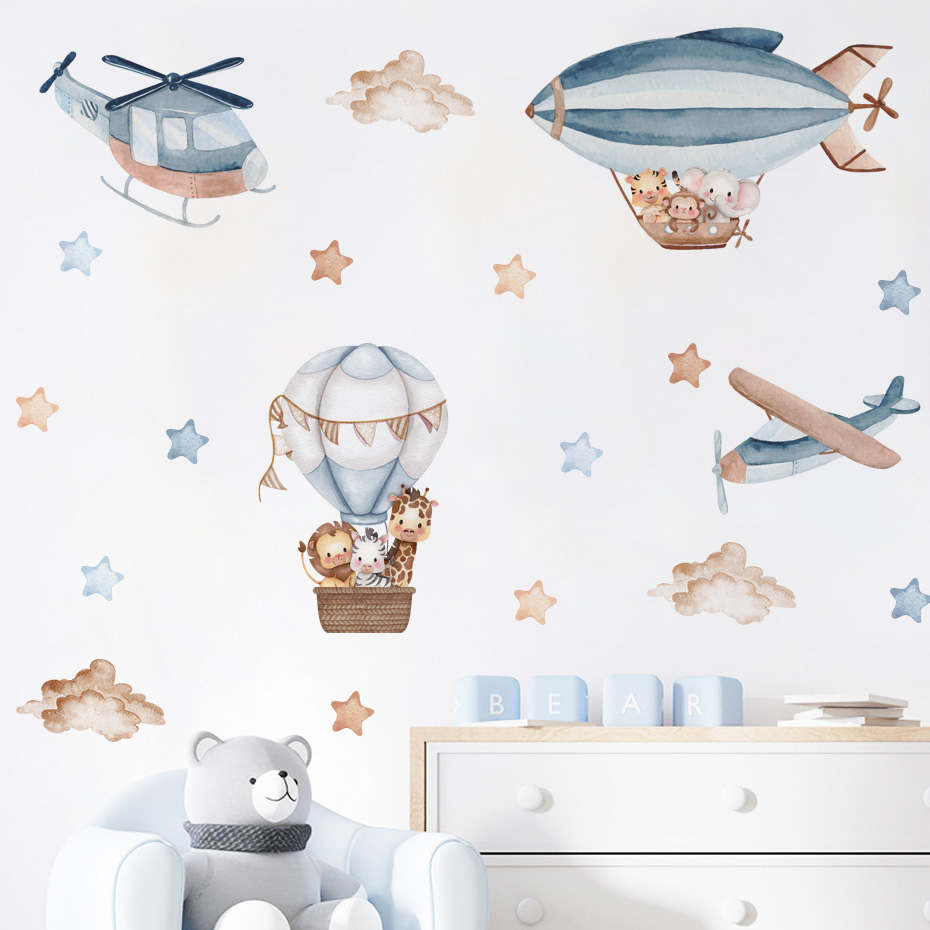 Baby Nursery Products - Watercolor Animals Hot Air Balloon Clouds