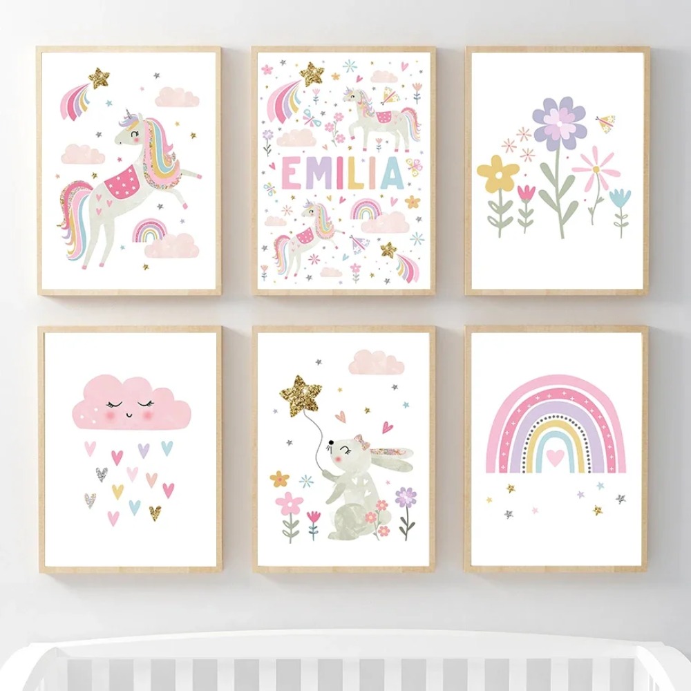 Baby Nursery Products - Pink Unicorn Rabbit Rainbow Cloud Flower