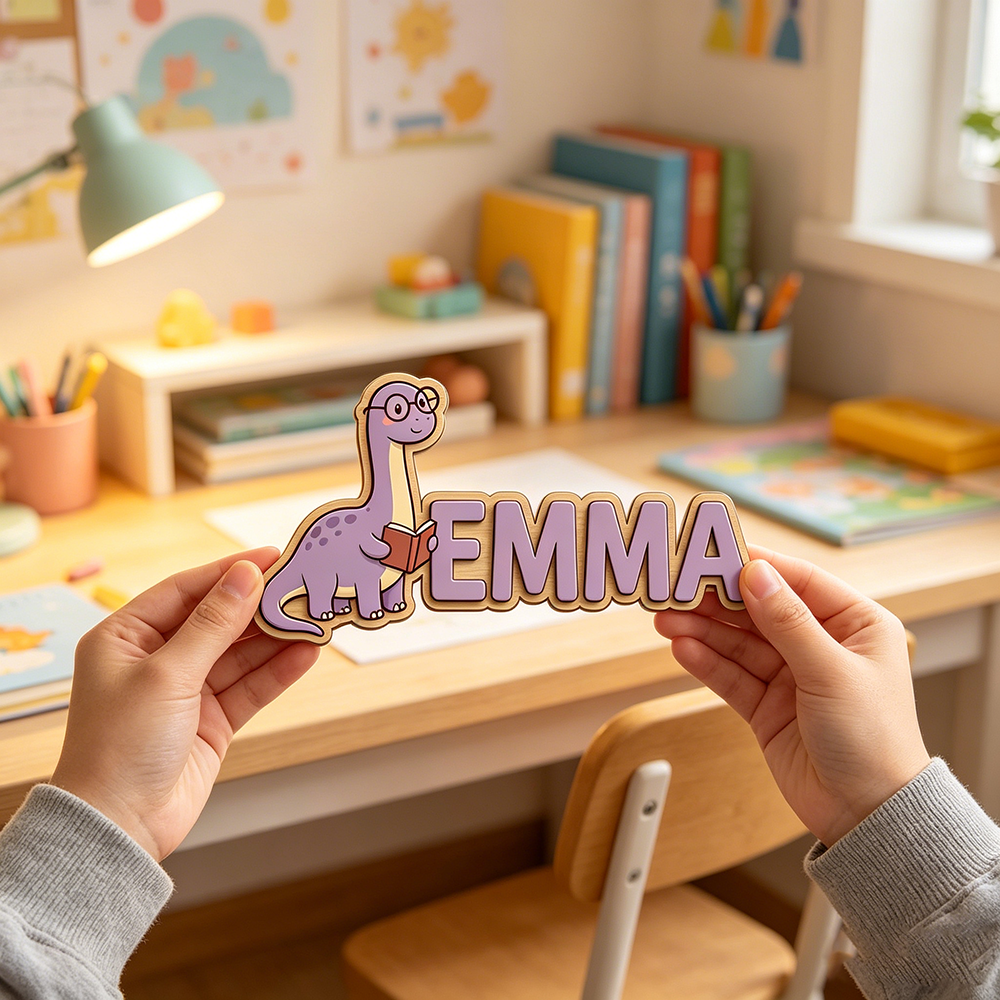 Baby Nursery Decorations - Whimsical Nerdy Dinosaur Custom Name Plaque