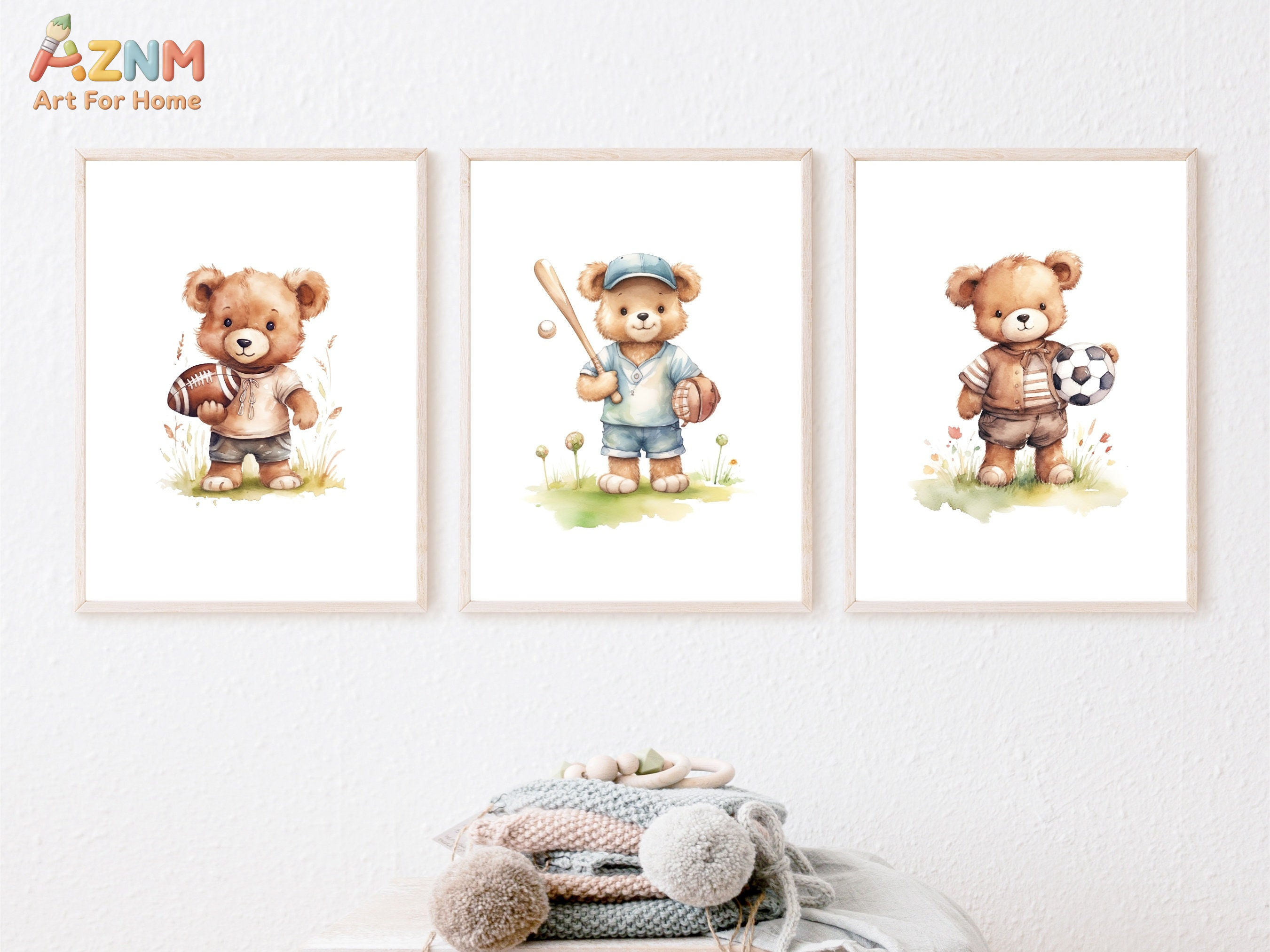 AZNM Watercolor Sport Teddy Be - Baby Nursery Art ulasan dan harga