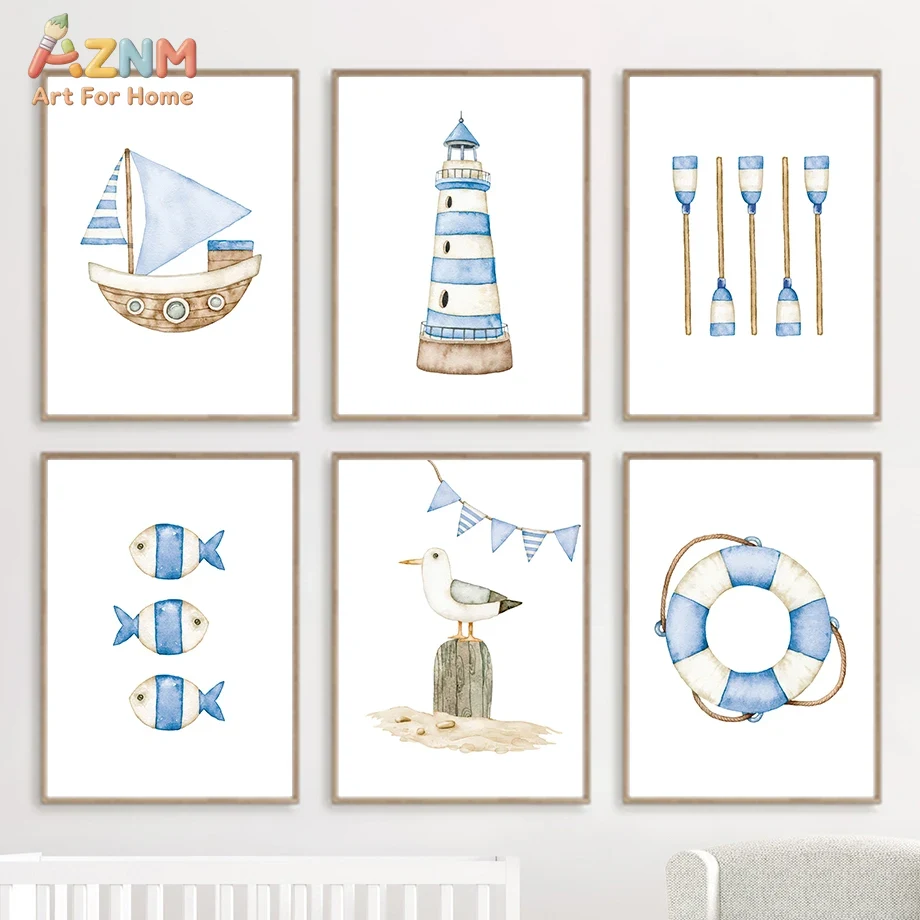 Sailboat Lighthouse Fish Nauti - Baby Nursery Art ulasan dan harga