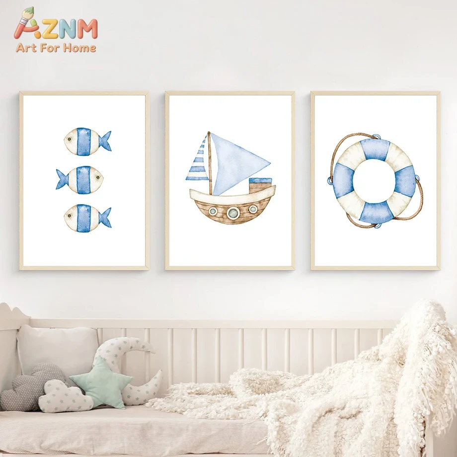 Sailboat Lighthouse Fish Nauti - Baby Nursery Art ulasan dan harga