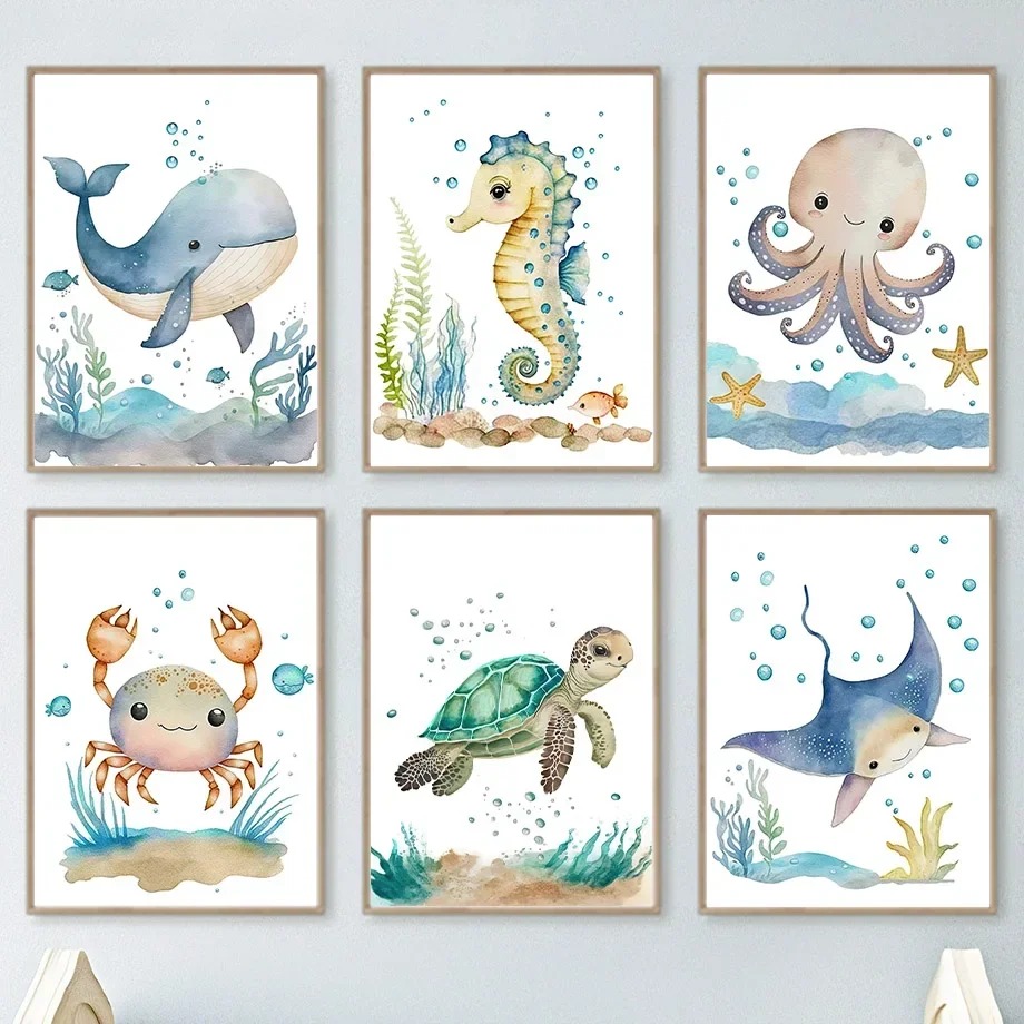 Cute Whale Sea Horse Octopus C - Baby Nursery Art ulasan dan harga