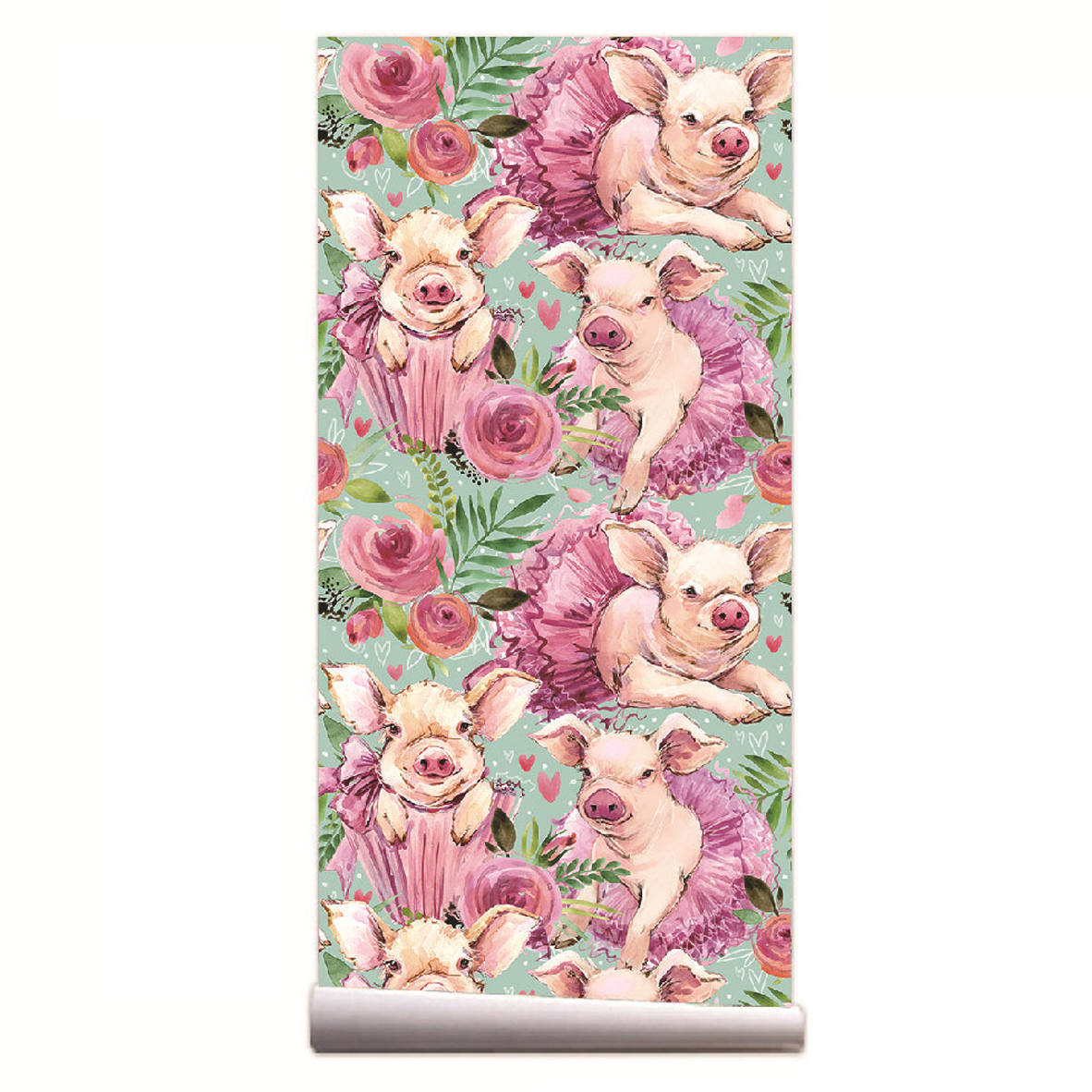 Pink Rose Floral Cute Baby Pig - Baby Nursery Peel And Stick Wallpaper ulasan dan harga