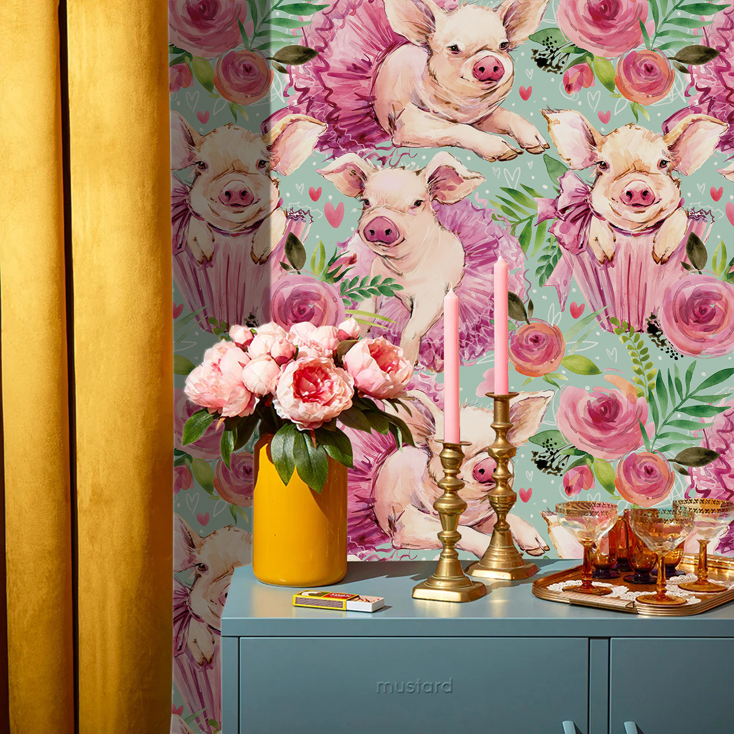 Pink Rose Floral Cute Baby Pig - Baby Nursery Peel And Stick Wallpaper ulasan dan harga