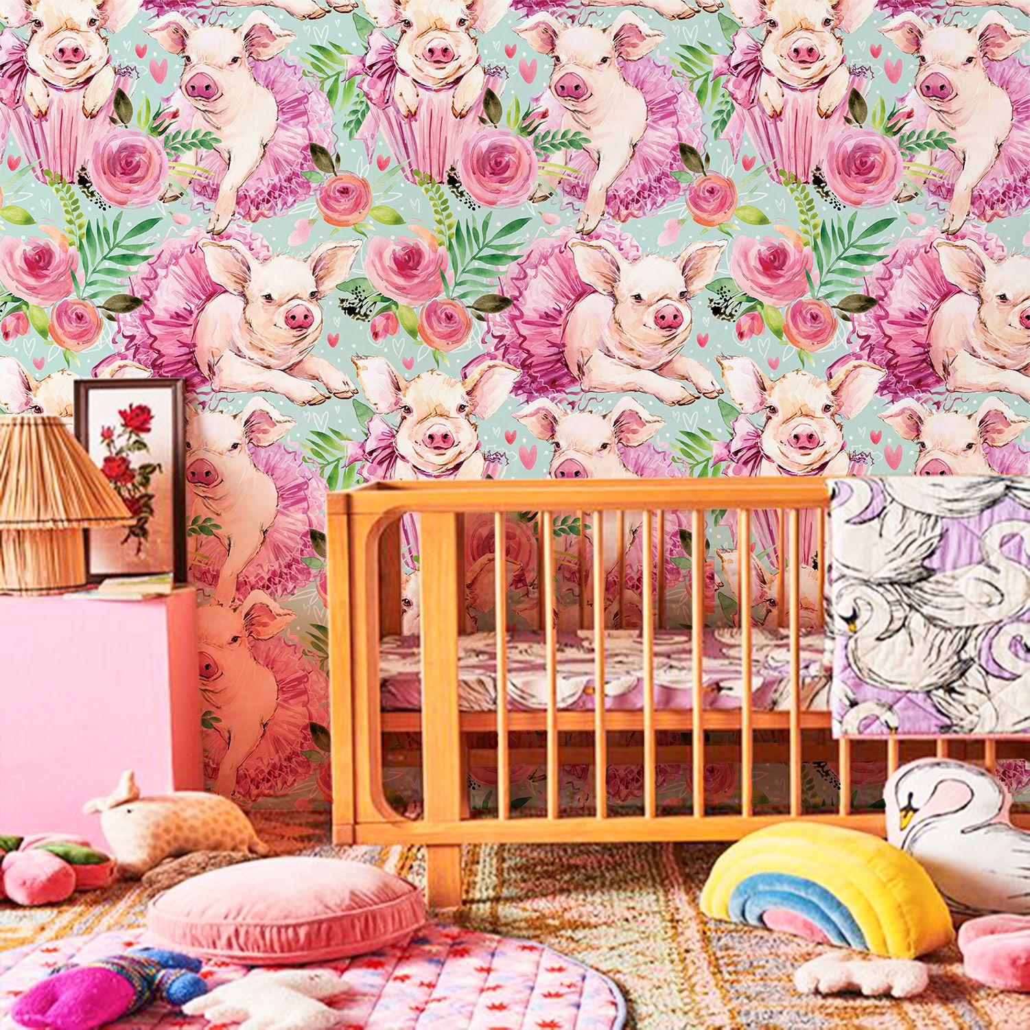 Pink Rose Floral Cute Baby Pig - Baby Nursery Peel And Stick Wallpaper ulasan dan harga