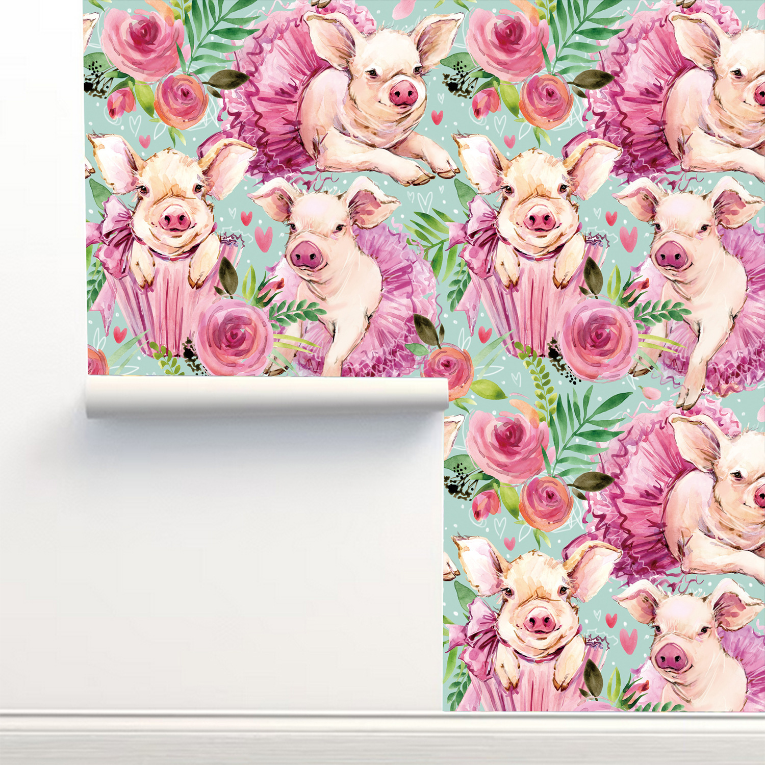 Pink Rose Floral Cute Baby Pig - Baby Nursery Peel And Stick Wallpaper ulasan dan harga