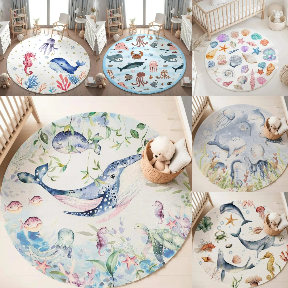 Blue Marine animal Round Carpe - Baby Nursery Mat ulasan dan harga