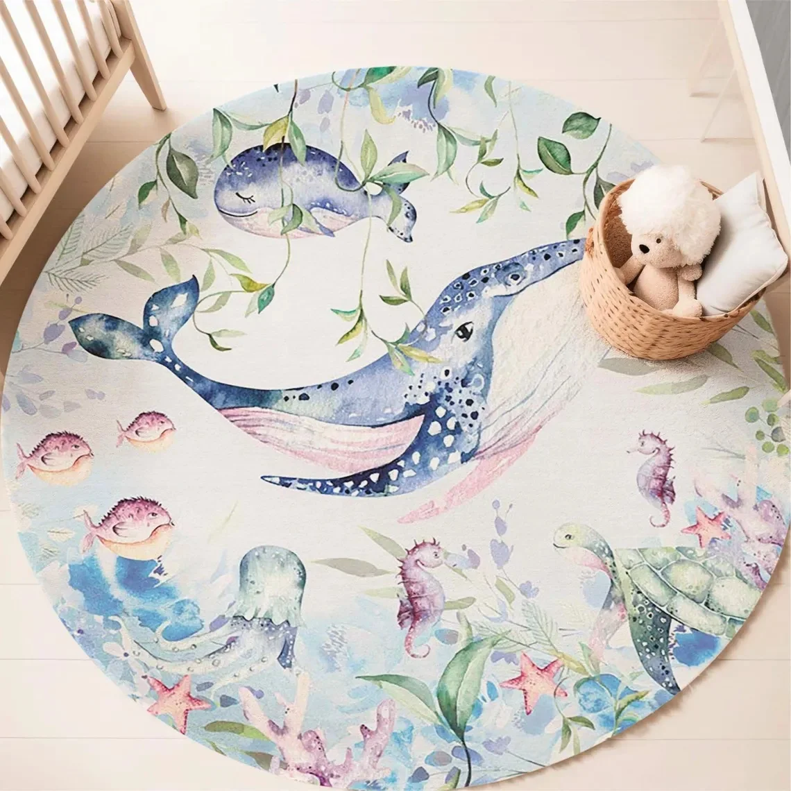 Blue Marine animal Round Carpe - Baby Nursery Mat ulasan dan harga
