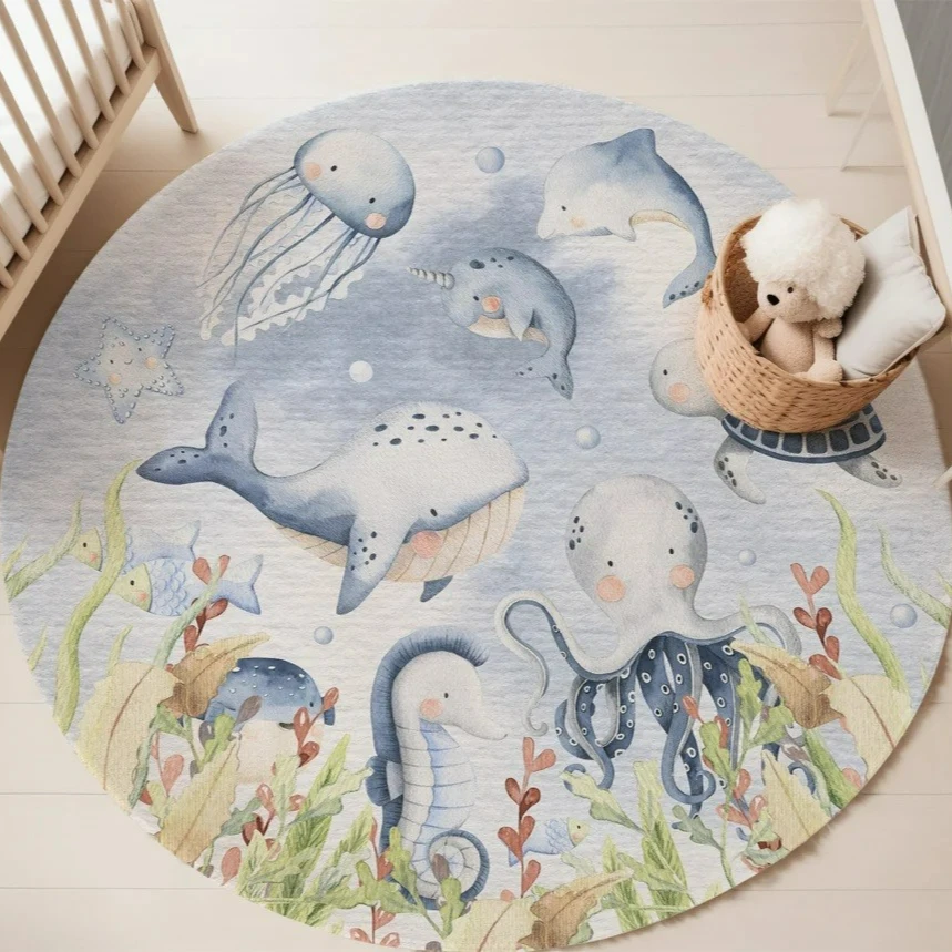 Blue Marine animal Round Carpe - Baby Nursery Mat ulasan dan harga